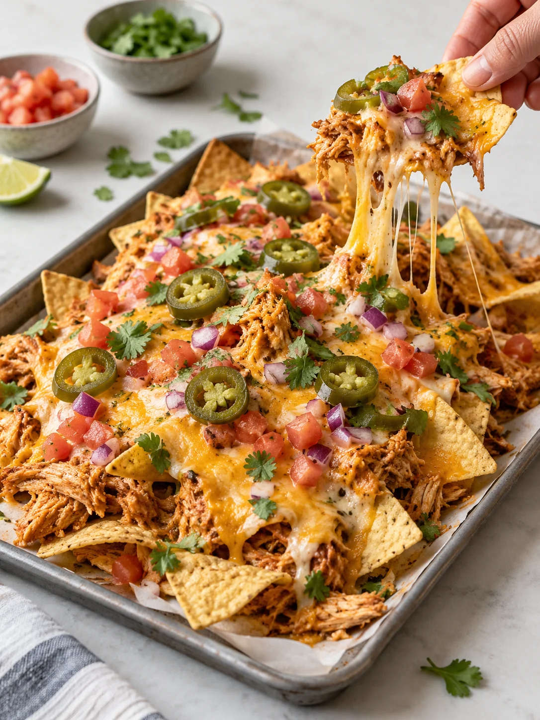 A serving presentation of the finished chicken nachos dish