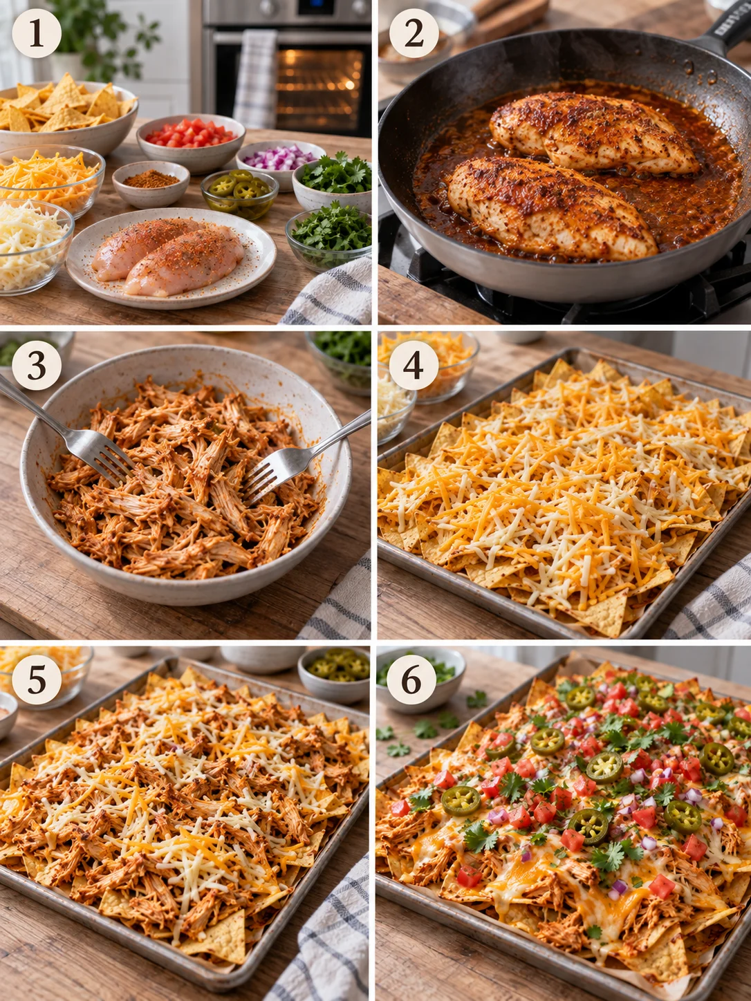 A vertical collage of step-by-step instructions for the chicken nachos recipe