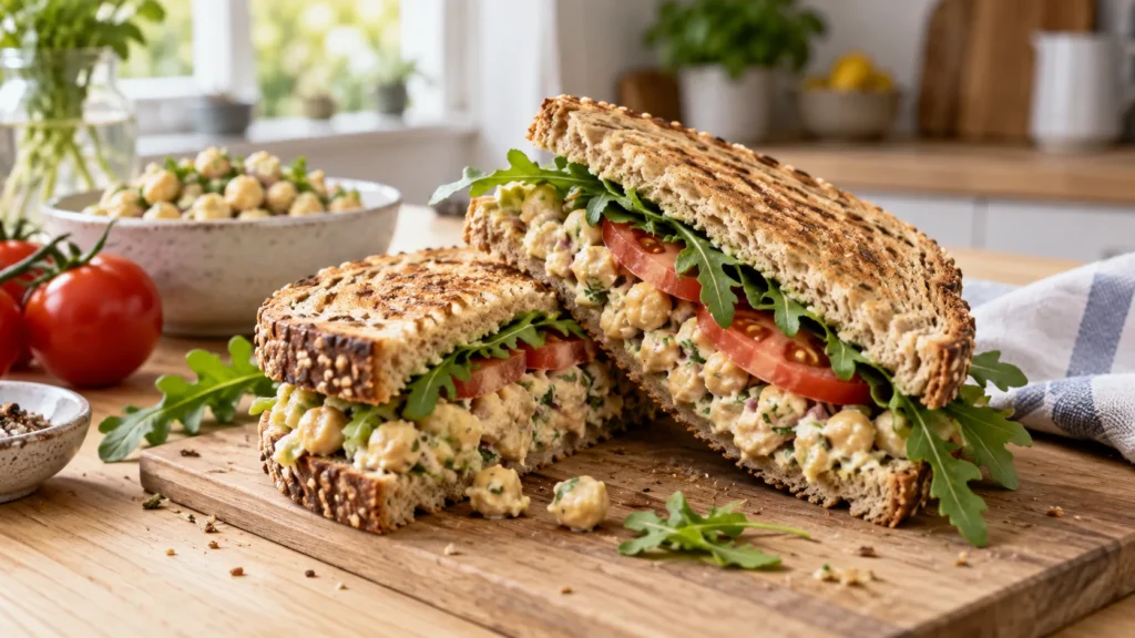 A diagonally cut chickpea salad sandwich on a light wood kitchen table