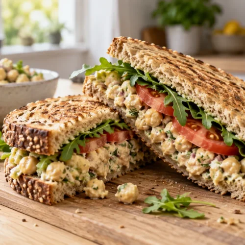 A diagonally cut chickpea salad sandwich on a light wood kitchen table