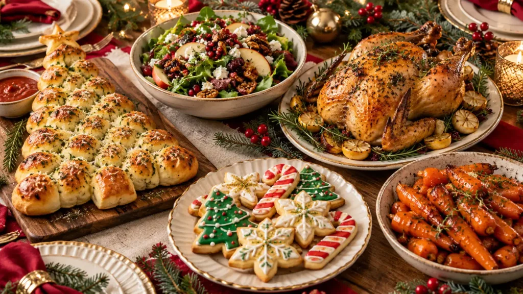 Christmas food ideas with pull apart bread, festive salad, roasted chicken, sugar cookies, and honey glazed carrots