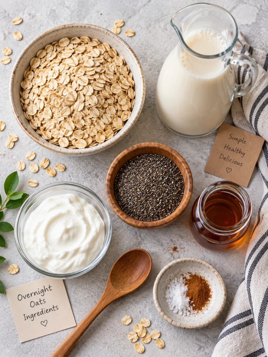 Overhead view of rolled oats, chia seeds, almond milk, Greek yogurt, and maple syrup arranged on a gray surface.