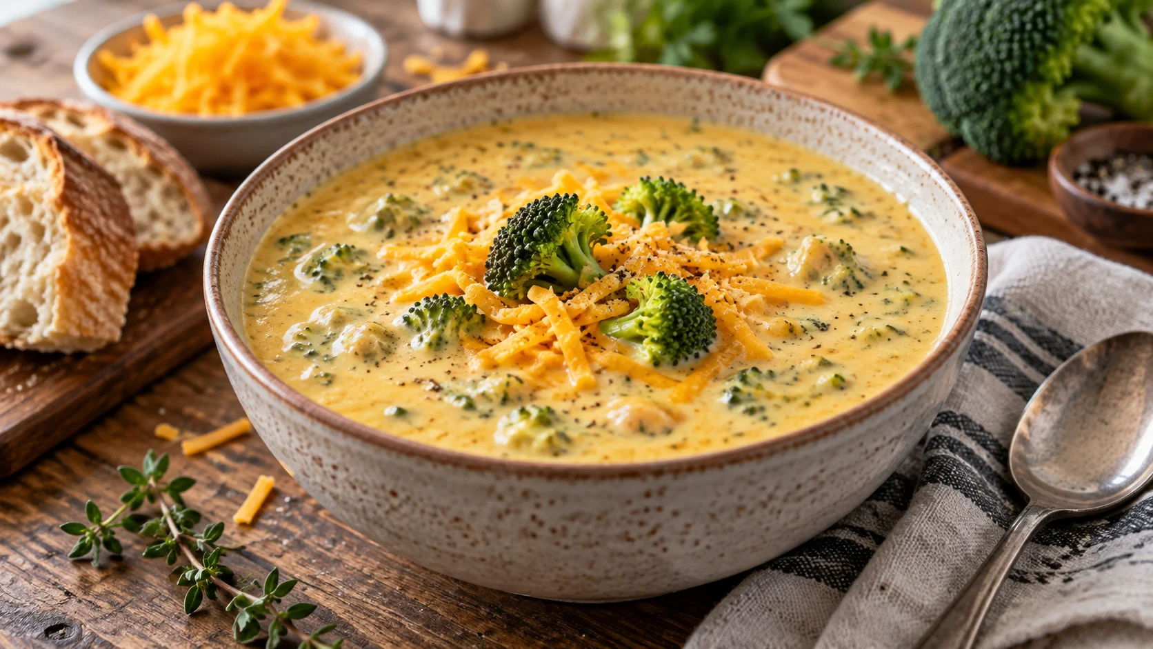 easy soup recipes A warm bowl of broccoli cheddar soup with steamed broccoli florets and grated cheddar cheese