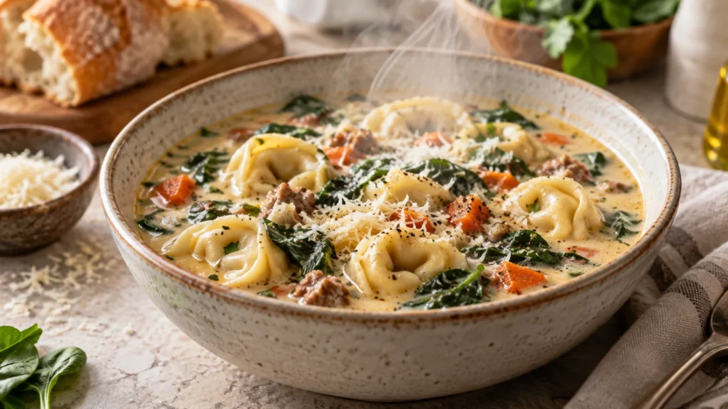 Steaming hot bowl of tortellini soup with Parmesan cheese and baby spinach