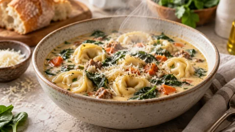 Steaming hot bowl of tortellini soup with Parmesan cheese and baby spinach