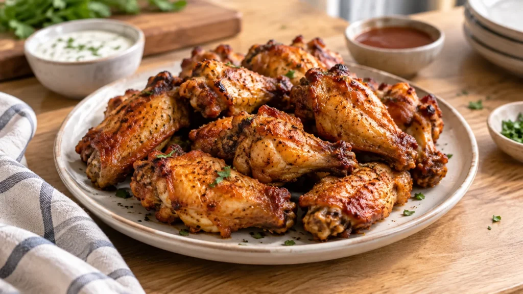 Golden brown air fryer chicken wings on a light wood kitchen table
