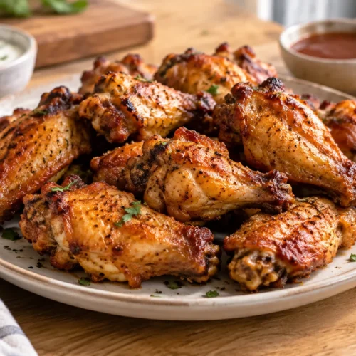 Golden brown air fryer chicken wings on a light wood kitchen table