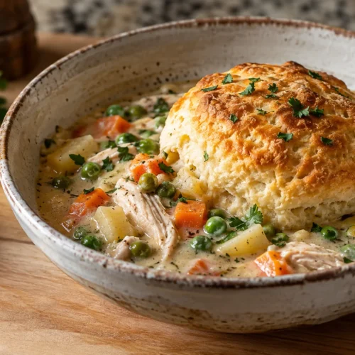 A crock pot chicken pot pie with a baked biscuit on top, garnished with chopped fresh parsley