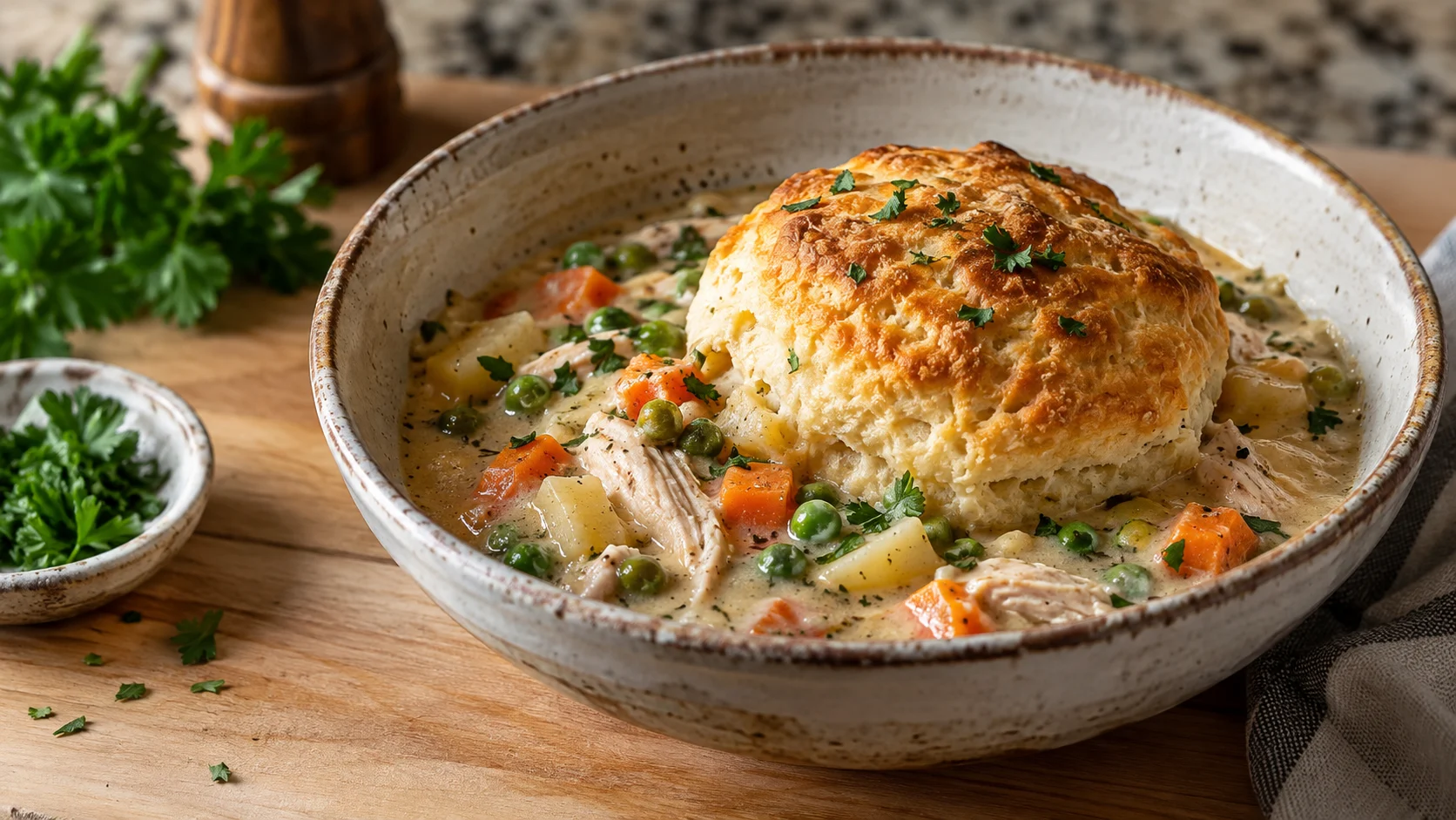 A crock pot chicken pot pie with a baked biscuit on top, garnished with chopped fresh parsley