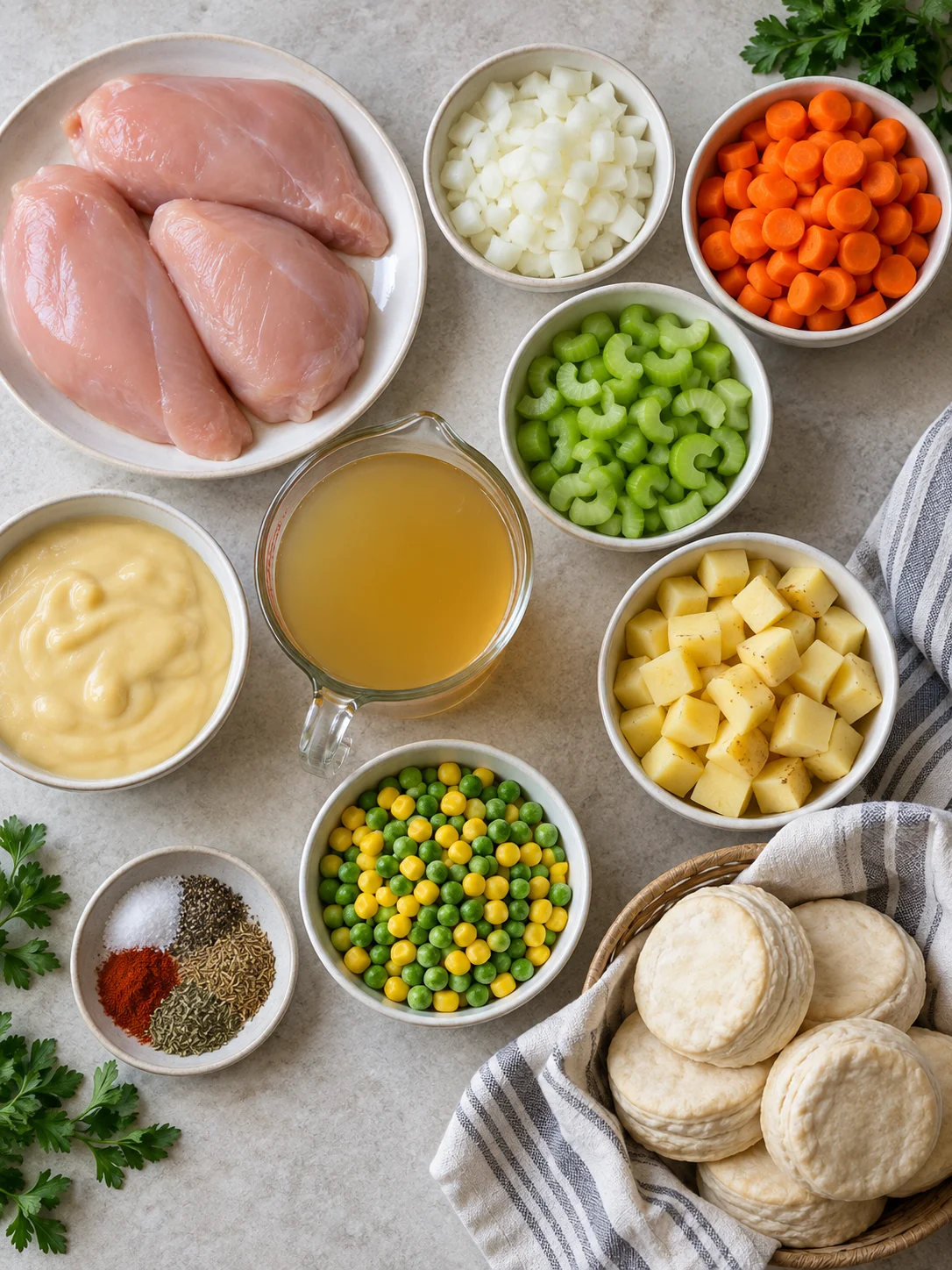 A flat-lay of ingredients for the crock pot chicken pot pie, including chicken, vegetables, and spices
