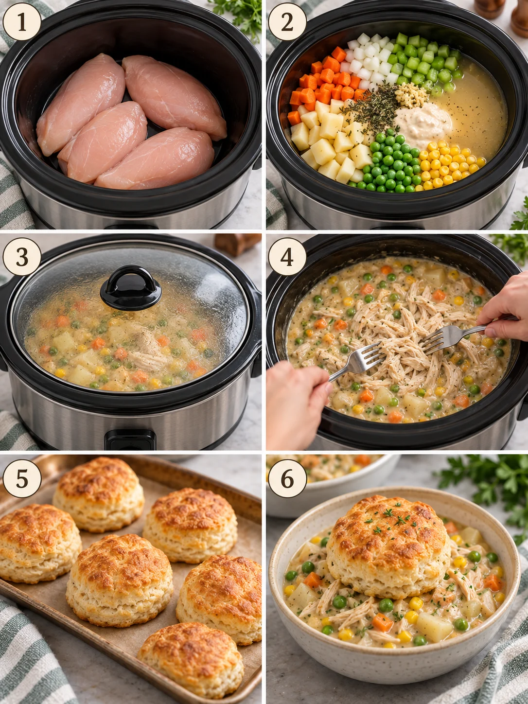 A step-by-step guide to making the crock pot chicken pot pie, with 6 easy-to-follow panels