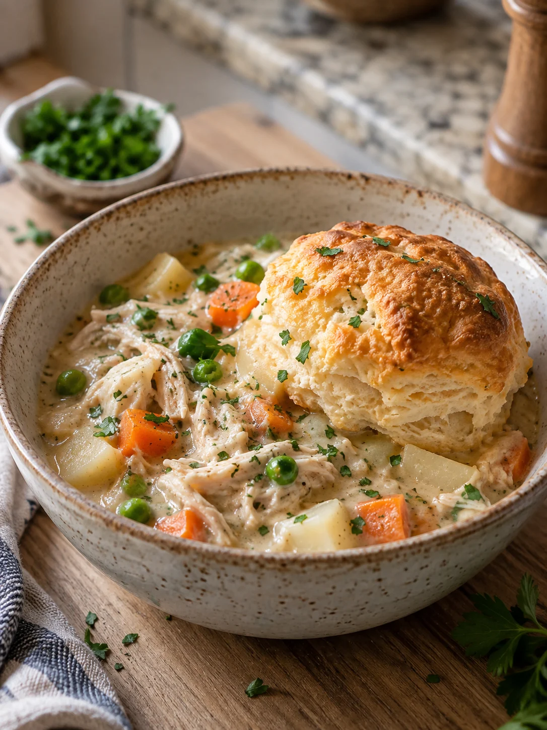 A serving of crock pot chicken pot pie, with a baked biscuit on top and garnished with chopped fresh parsley