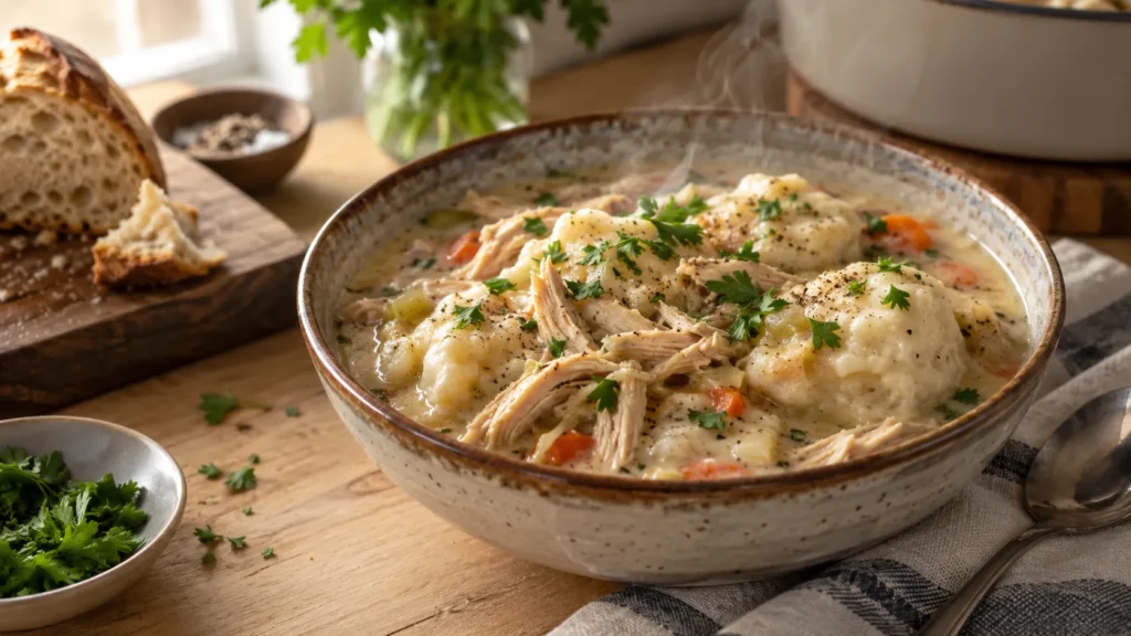 Steaming hot crockpot chicken and dumplings with fresh parsley garnish