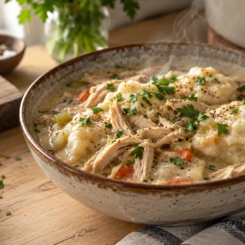 Steaming hot crockpot chicken and dumplings with fresh parsley garnish