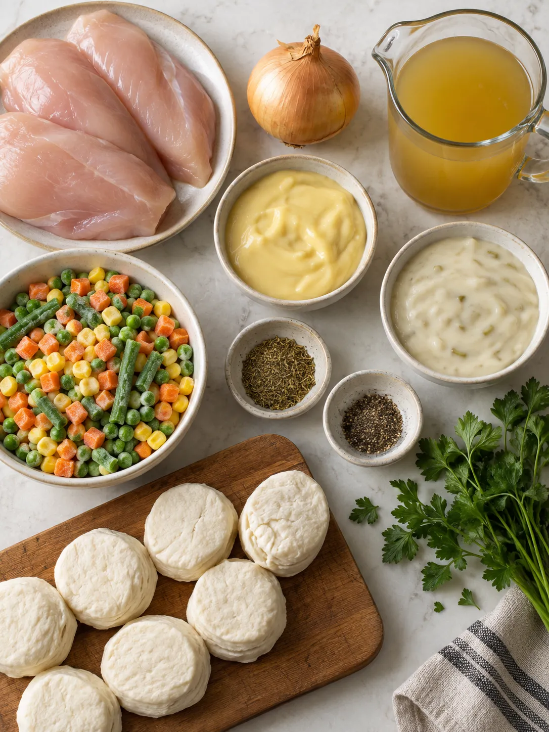 Flat-lay of ingredients for crockpot chicken and dumplings, including chicken, onion, soups, and biscuits
