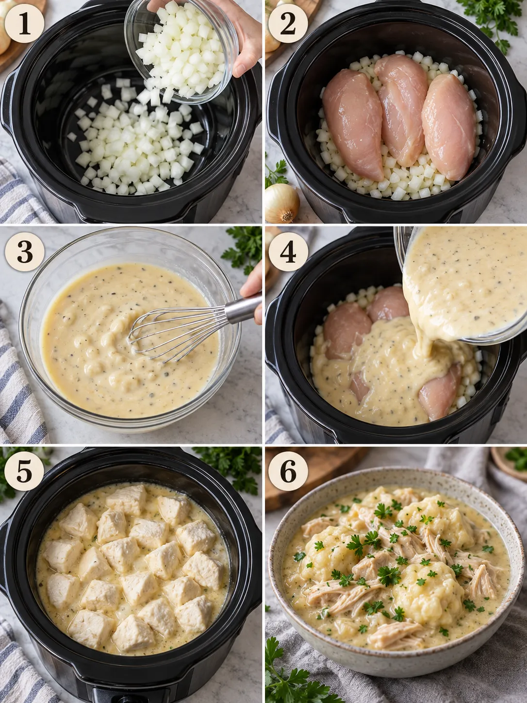 Step-by-step instructions for crockpot chicken and dumplings, including cooking and preparation