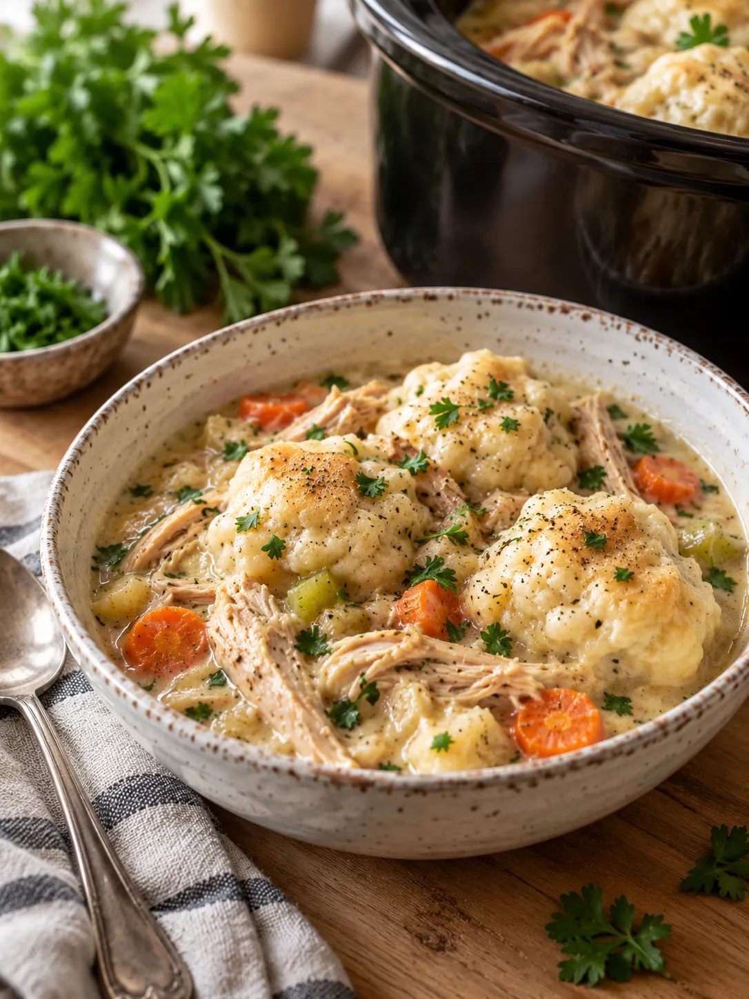 Finished crockpot chicken and dumplings dish, served hot and garnished with fresh parsley