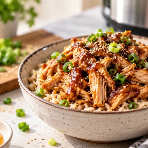 Tender crockpot honey garlic chicken on a bed of steamed brown rice, garnished with sesame seeds and green onions