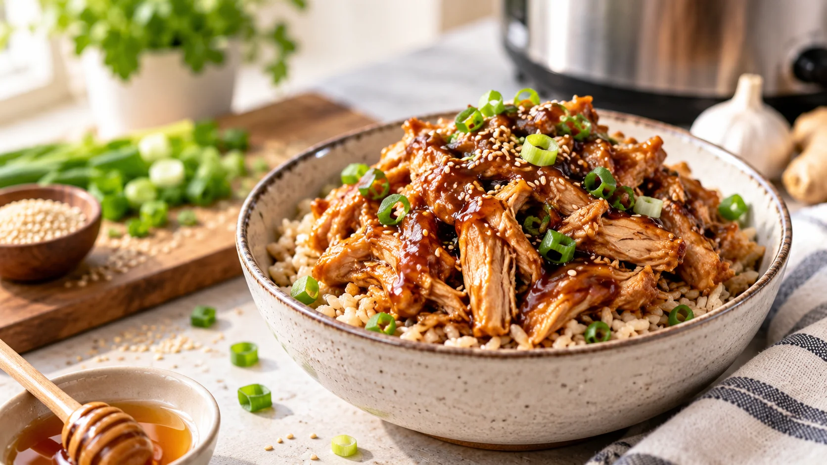 Tender crockpot honey garlic chicken on a bed of steamed brown rice, garnished with sesame seeds and green onions