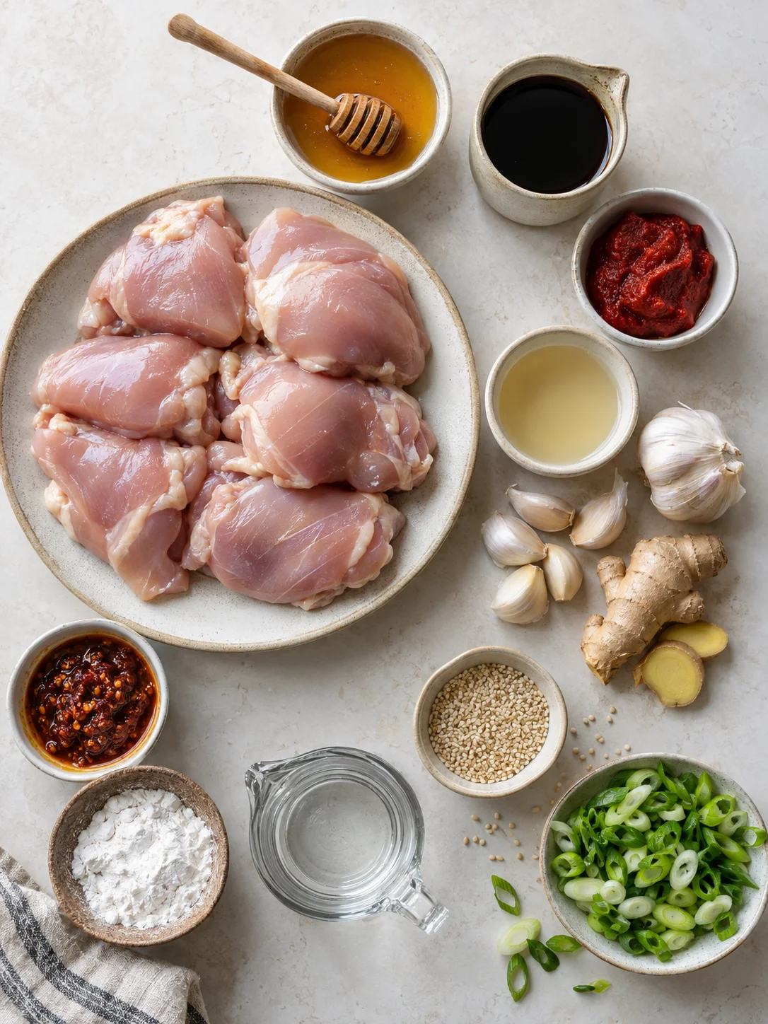 Flat-lay of ingredients for crockpot honey garlic chicken, including chicken, honey, soy sauce, and spices