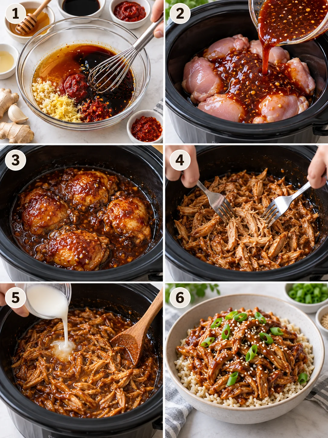Step-by-step instructions for crockpot honey garlic chicken, including whisking sauce and cooking chicken