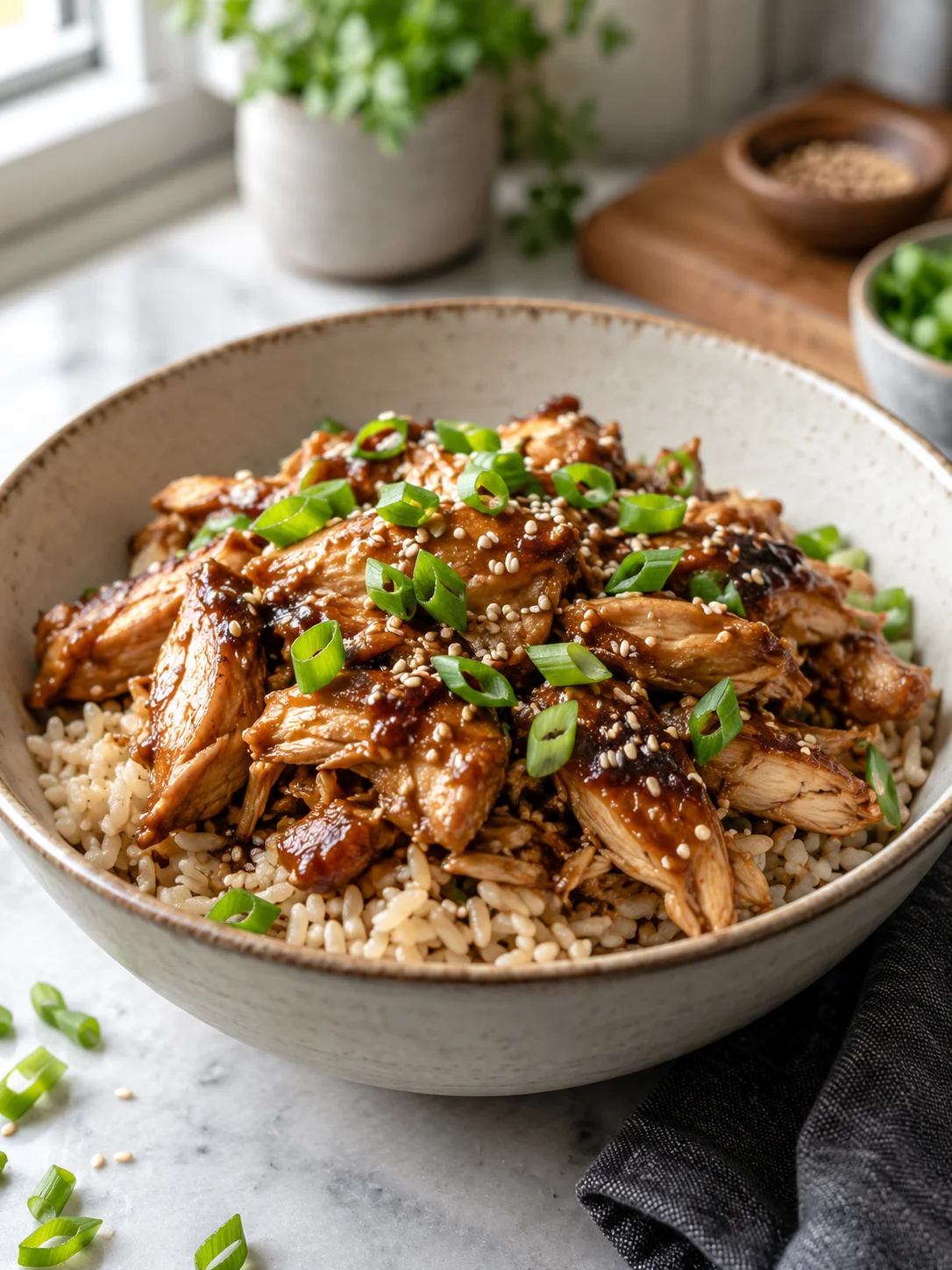 Finished crockpot honey garlic chicken dish, served over steamed brown rice and garnished with sesame seeds and green onions