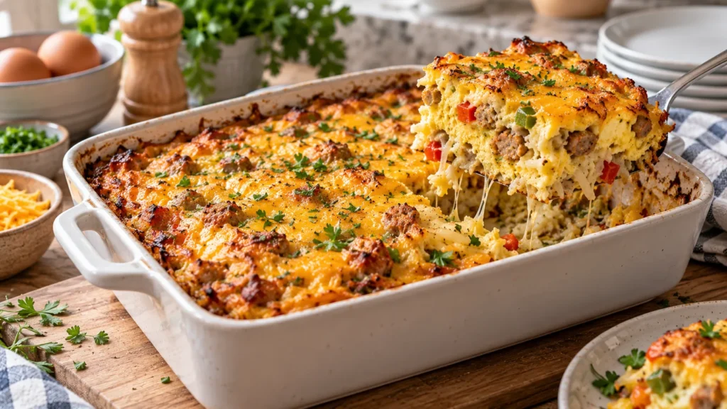 Golden-brown breakfast casserole with hash browns, chicken sausage, and cheese on a light wood kitchen table