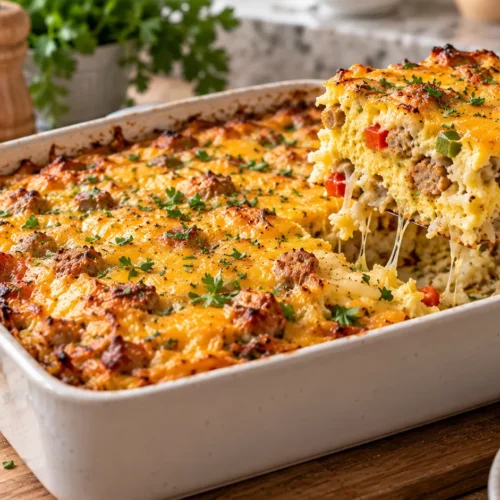 Golden-brown breakfast casserole with hash browns, chicken sausage, and cheese on a light wood kitchen table
