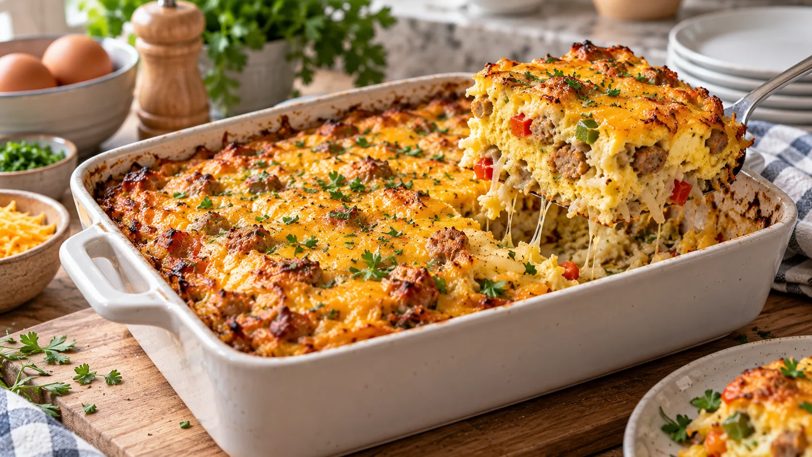 Golden-brown breakfast casserole with hash browns, chicken sausage, and cheese on a light wood kitchen table