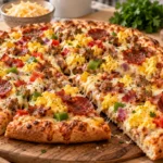 Freshly baked breakfast pizza with scrambled eggs, cheese, and various meats on a light wood table