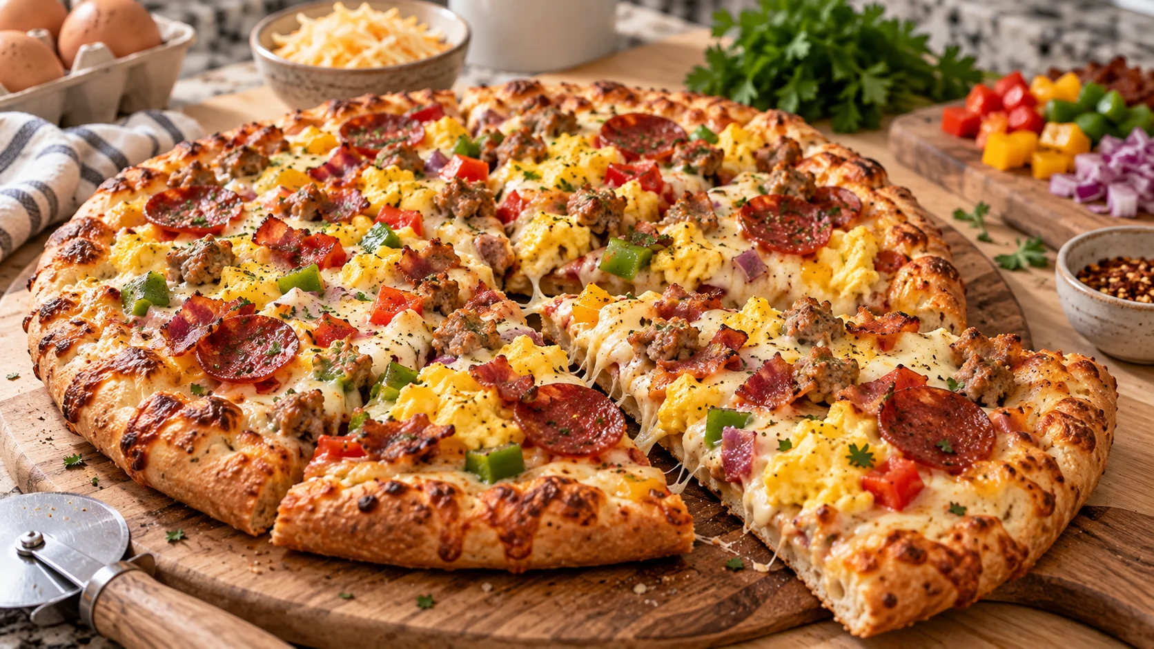 Freshly baked breakfast pizza with scrambled eggs, cheese, and various meats on a light wood table
