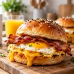 A breakfast slider with turkey bacon, egg, and cheese on toasted bread
