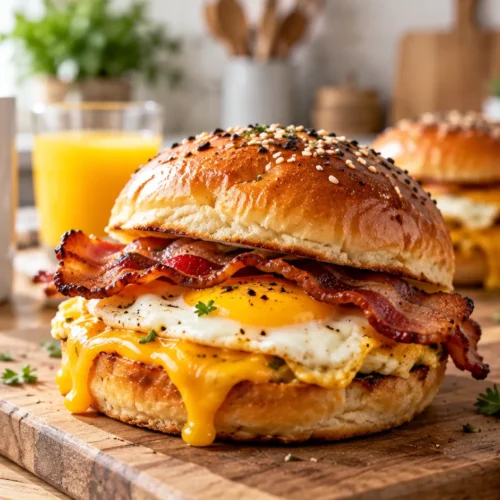 A breakfast slider with turkey bacon, egg, and cheese on toasted bread