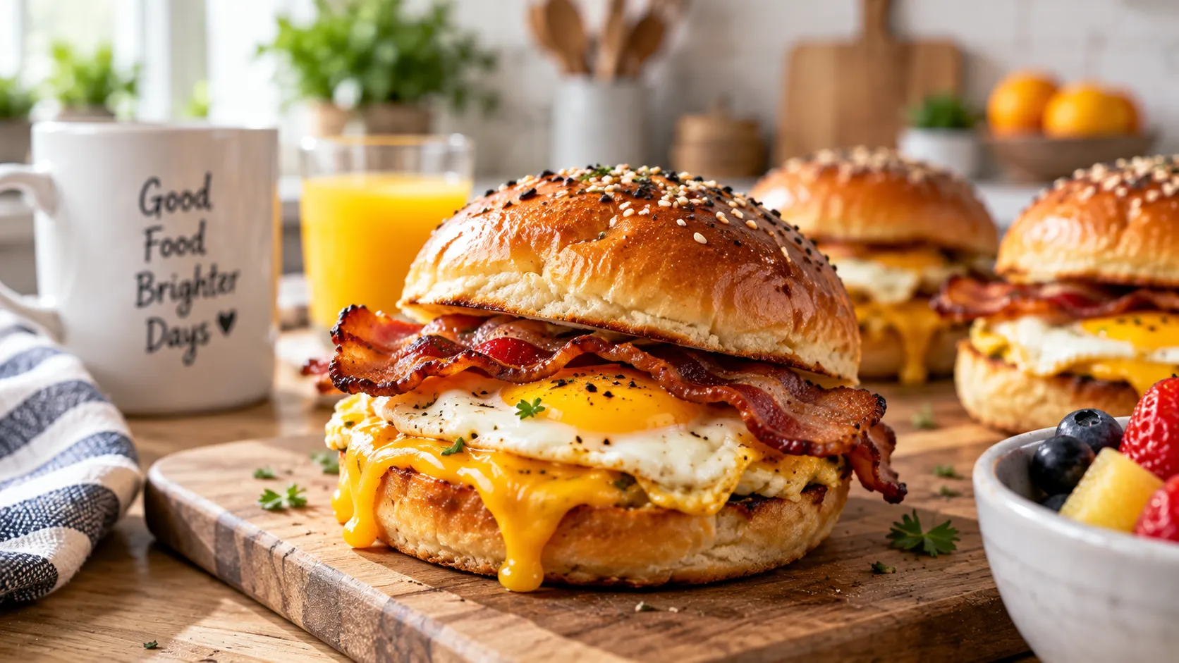 A breakfast slider with turkey bacon, egg, and cheese on toasted bread