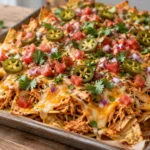 A wide shot of a freshly baked chicken nachos dish with melted cheese and garnishes