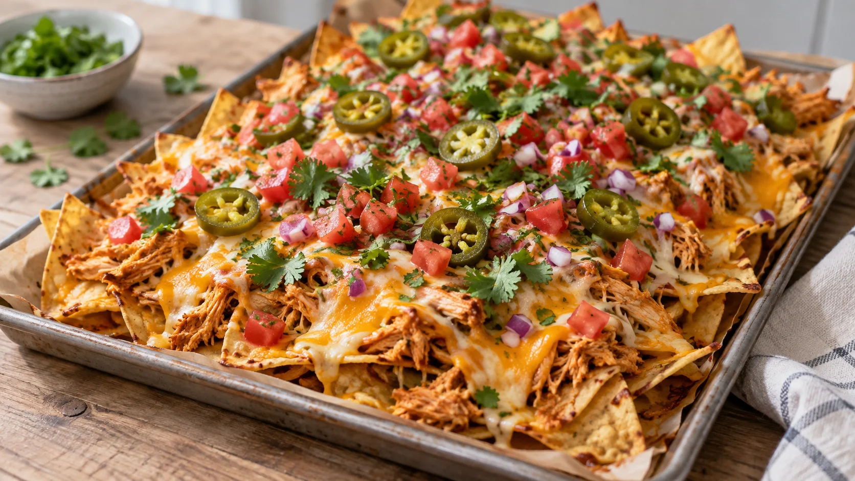 A wide shot of a freshly baked chicken nachos dish with melted cheese and garnishes