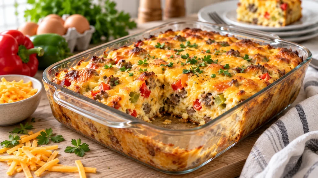 Golden brown make ahead breakfast casserole on a light wood kitchen table
