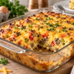 Golden brown make ahead breakfast casserole on a light wood kitchen table