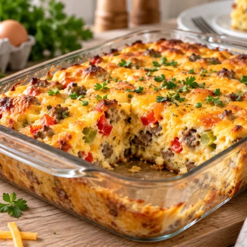 Golden brown make ahead breakfast casserole on a light wood kitchen table