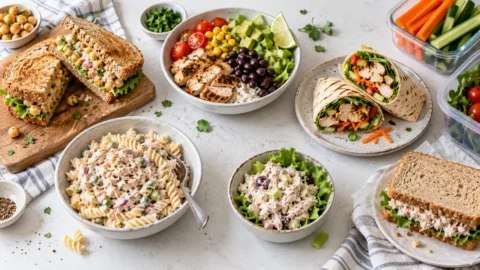 Cheap lunch ideas including tuna pasta salad, sandwiches, chicken wrap, and burrito bowl