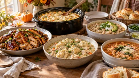 Easy crockpot chicken recipes including honey garlic chicken, chicken and dumplings, pot pie, white chicken chili, and chicken parmesan soup