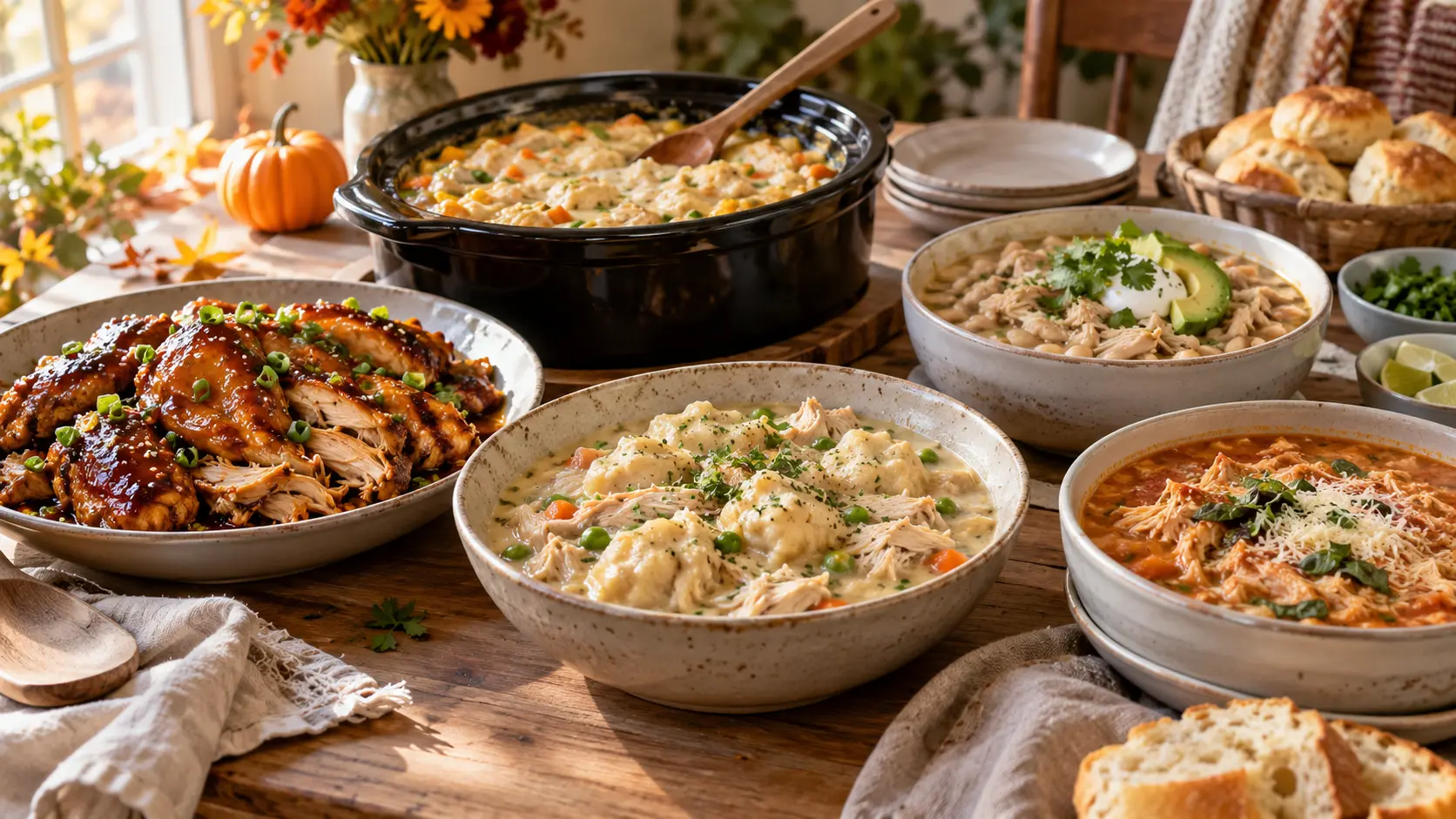 Easy crockpot chicken recipes including honey garlic chicken, chicken and dumplings, pot pie, white chicken chili, and chicken parmesan soup