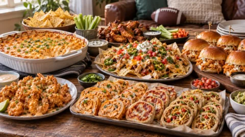Easy game day food ideas with buffalo chicken dip, chicken wings, chicken nachos, buffalo chicken sliders, pinwheels, and shrimp