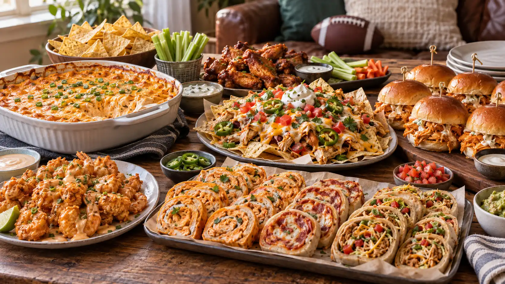 Easy game day food ideas with buffalo chicken dip, chicken wings, chicken nachos, buffalo chicken sliders, pinwheels, and shrimp