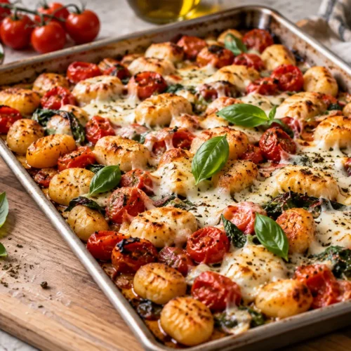 Golden brown gnocchi with melted cheese and fresh basil on a light wood kitchen table