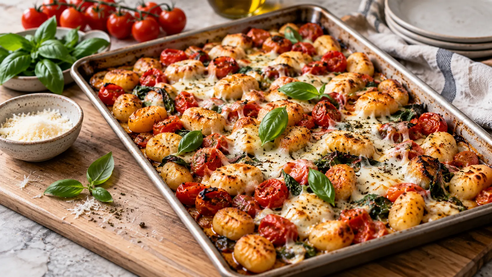 Golden brown gnocchi with melted cheese and fresh basil on a light wood kitchen table