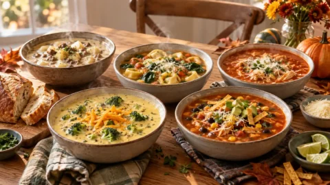 Easy soup recipes including broccoli cheddar soup, tortellini soup, hamburger potato soup, chicken parmesan soup, and chicken taco soup