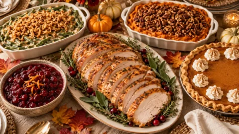 Thanksgiving food ideas with roasted turkey breast, green bean casserole, sweet potato casserole, cranberry sauce, and pumpkin pie
