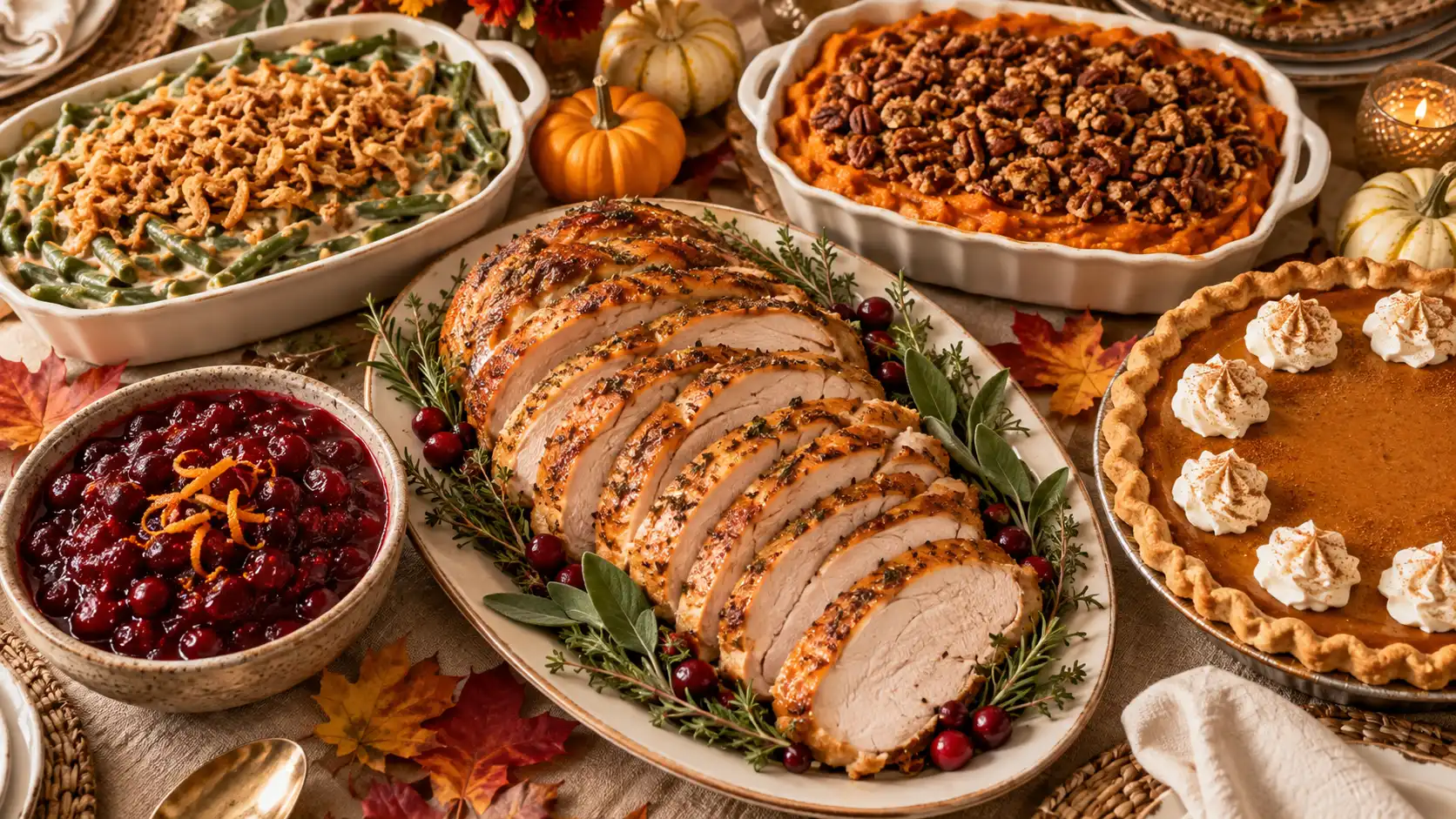 Thanksgiving food ideas with roasted turkey breast, green bean casserole, sweet potato casserole, cranberry sauce, and pumpkin pie