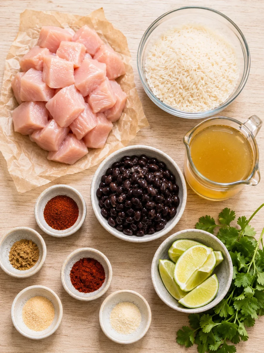 Top-down view of raw chicken, rice, black beans, lime wedges, and various spices arranged on a light wood table.